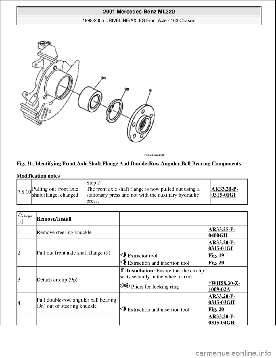 MERCEDES-BENZ ML320 1997  Complete Repair Manual Fig. 31: Identifying Front Axle Shaft Flange And Double-Row Angular Ball Bearing Components 
Modification notes 
7.8.00Pulling out front axle 
shaft flange, changed
Step 2: 
The front axle shaft flang