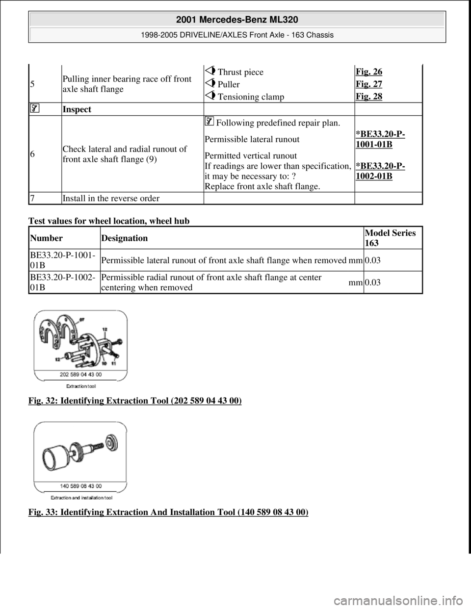 MERCEDES-BENZ ML320 1997  Complete Repair Manual Test values for wheel location, wheel hub   
Fig. 32: Identifying Extraction Tool (202 589 04 43 00)
  
Fig. 33: Identifying Extraction A  nd Installation Tool (140 589 08 43 00)
5Pulling inner bearin