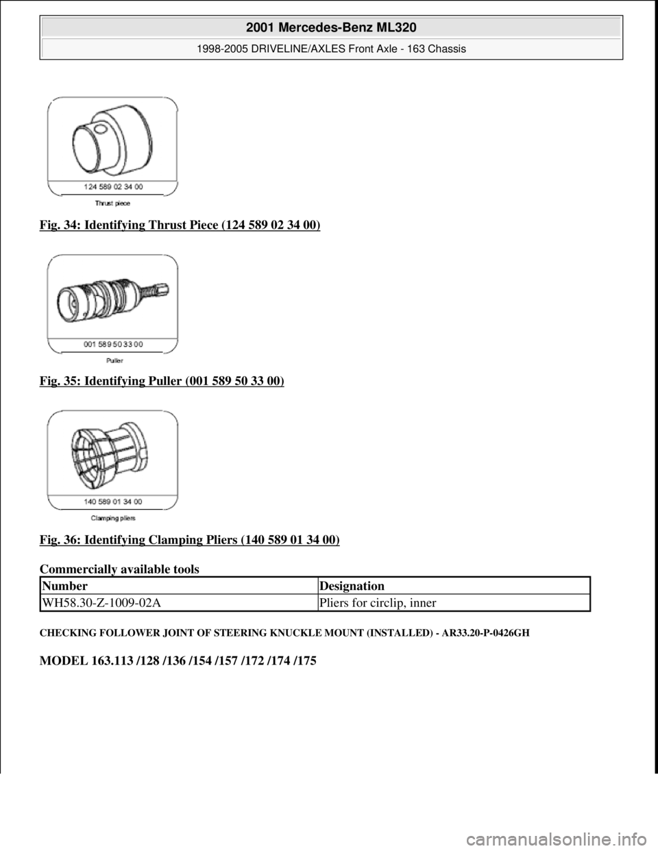 MERCEDES-BENZ ML320 1997  Complete Repair Manual Fig. 34: Identifying Thrust Piece (124 589 02 34 00)  
Fig. 35: Identifying Puller (001 589 50 33 00)
  
Fig. 36: Identifying Clamping Pliers (140 589 01 34 00)
  
Commercially available tools   
CHEC