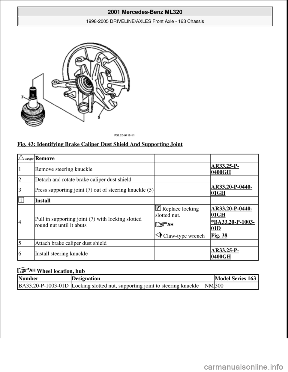 MERCEDES-BENZ ML320 1997  Complete Repair Manual Fig. 43: Identifying Brake Caliper Dust Shield And Supporting Joint 
 Wheel location, hub 
 Remove   
1Remove steering knuckle AR33.25-P-
0400GH
2Detach and rotate brake caliper dust shield  
3Press s
