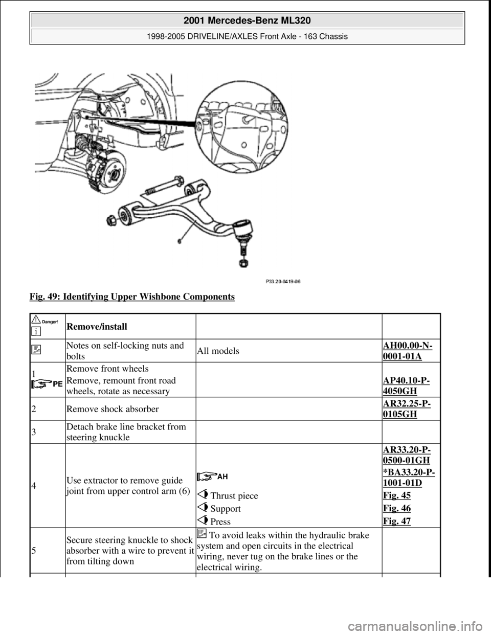 MERCEDES-BENZ ML320 1997  Complete Repair Manual Fig. 49: Identifying Upper Wishbone Components 
 
 Remove/install   
 Notes on self-locking nuts and 
boltsAll modelsAH00.00-N-
0001-01A 
1 
 Remove front wheels
 
 
Remove, remount front road 
wheels