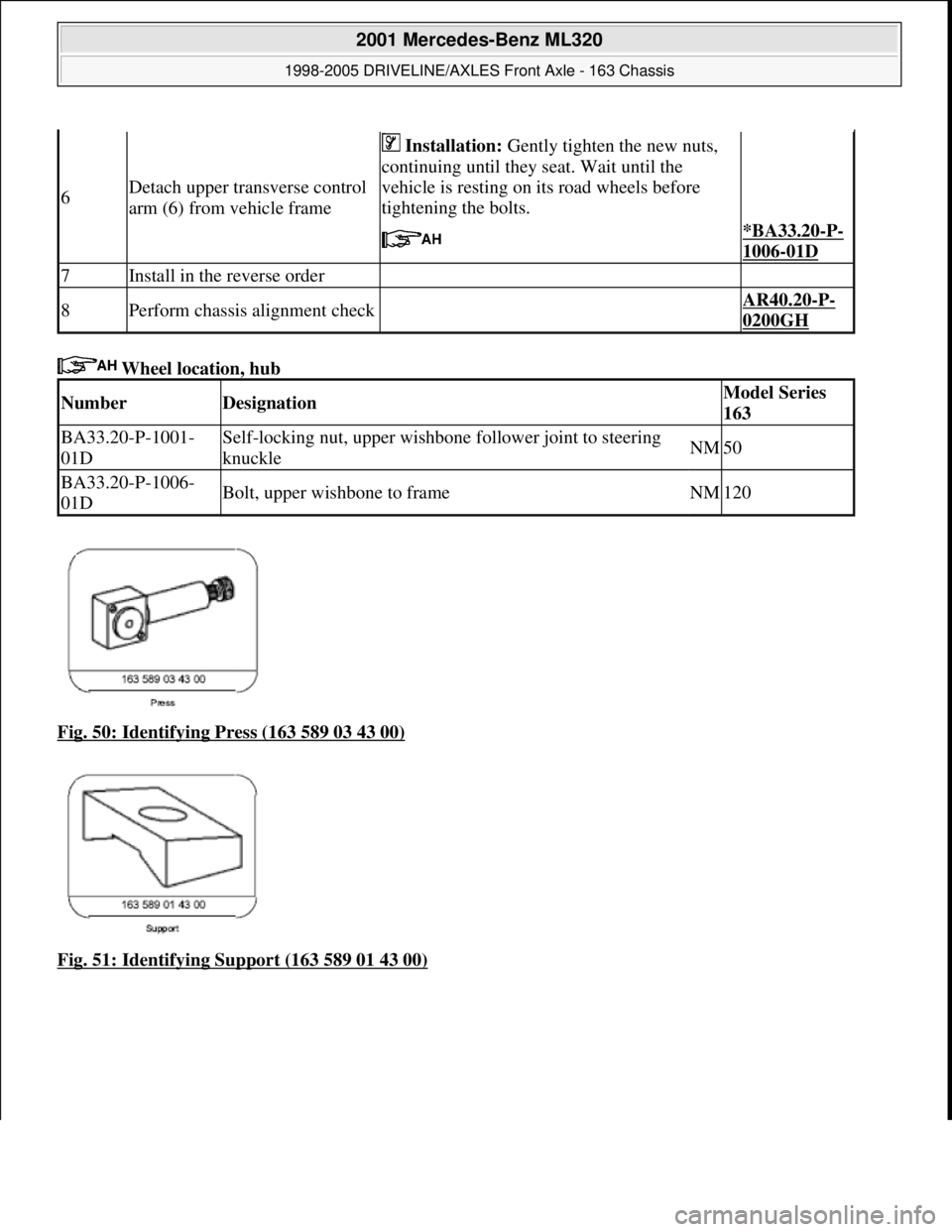 MERCEDES-BENZ ML320 1997  Complete Repair Manual  Wheel location, hub   
Fig. 50: Identifying Press (163 589 03 43 00)
  
Fig. 51: Identifying Support (163 589 01 43 00)
6Detach upper transverse control  
arm (6) from vehicle frame
   Installation: 