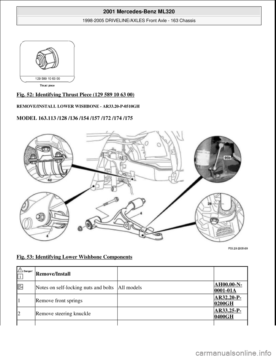 MERCEDES-BENZ ML320 1997  Complete Repair Manual Fig. 52: Identifying Thrust Piece (129 589 10 63 00) 
REMOVE/INSTALL LOWER WI SHBONE - AR33.20-P-0510GH 
MODEL 163.113 /128 /136 /154 /157 /172 /174 /175    
Fig. 53: Identifying Lower Wishbone Compon
