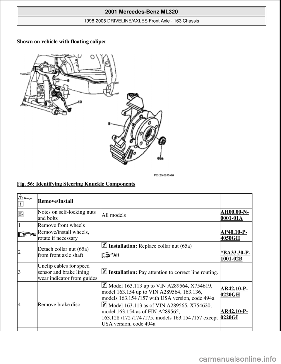 MERCEDES-BENZ ML320 1997 Complete Repair Manual Shown on vehicle with floating caliper
Fig. 56: Identifying Steering Knuckle Components
Remove/Install
Notes on self-locking nuts
and boltsAll modelsAH00.00-N-
0001-01A
1Remove front wheel MERCEDES-BENZ ML320 1997 Complete Repair Manual Shown on vehicle with floating caliper
Fig. 56: Identifying Steering Knuckle Components
Remove/Install
Notes on self-locking nuts
and boltsAll modelsAH00.00-N-
0001-01A
1Remove front wheel