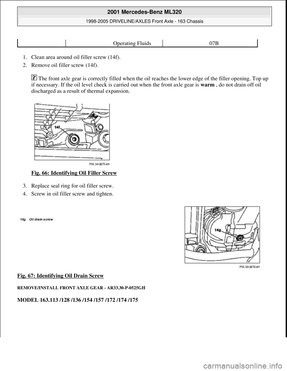 MERCEDES-BENZ ML320 1997  Complete Repair Manual 1. Clean area around oil fi ller screw (14f).   
2. Remove oil filler screw (14f).  
 The front axle gear is correctly filled when the   oil reaches the lower edge of the filler opening. Top up  
if n