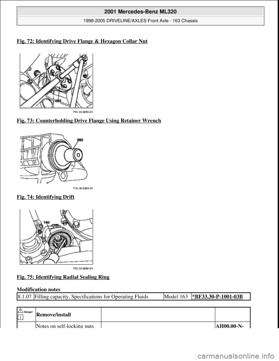 MERCEDES-BENZ ML320 1997  Complete Repair Manual Fig. 72: Identifying Drive Flange & Hexagon Collar Nut
Fig. 73: Counterholding Drive Flange Using Retainer Wrench  
Fig. 74: Identifying Drift
  
Fig. 75: Identifying Radial Sealing Ring
  
Modificati