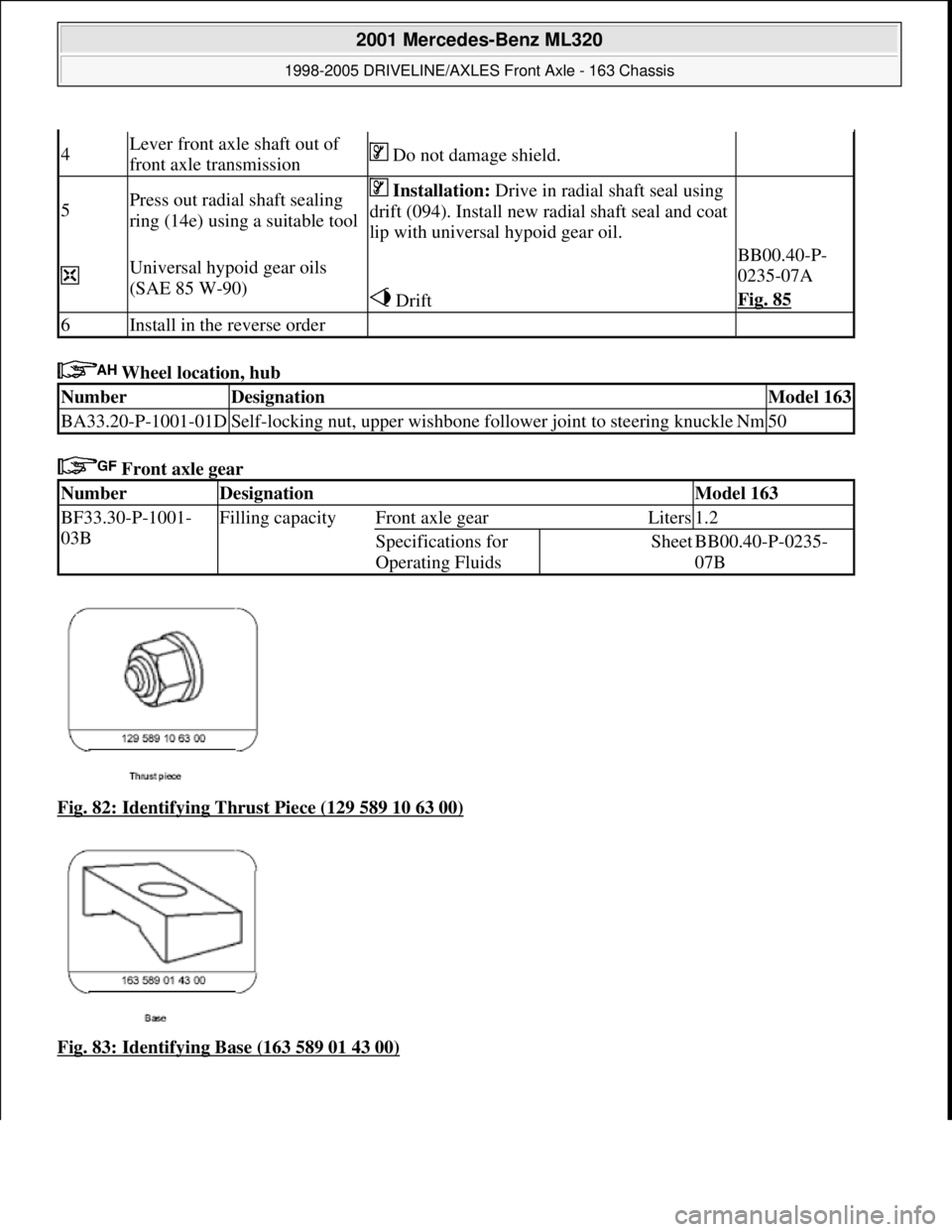 MERCEDES-BENZ ML320 1997  Complete Repair Manual  Wheel location, hub   
 Front axle gear    
Fig. 82: Identifying Thrust Piece (129 589 10 63 00)
  
Fig. 83: Identifying Base (163 589 01 43 00)
4Lever front axle shaft out of  
front axle transmissi