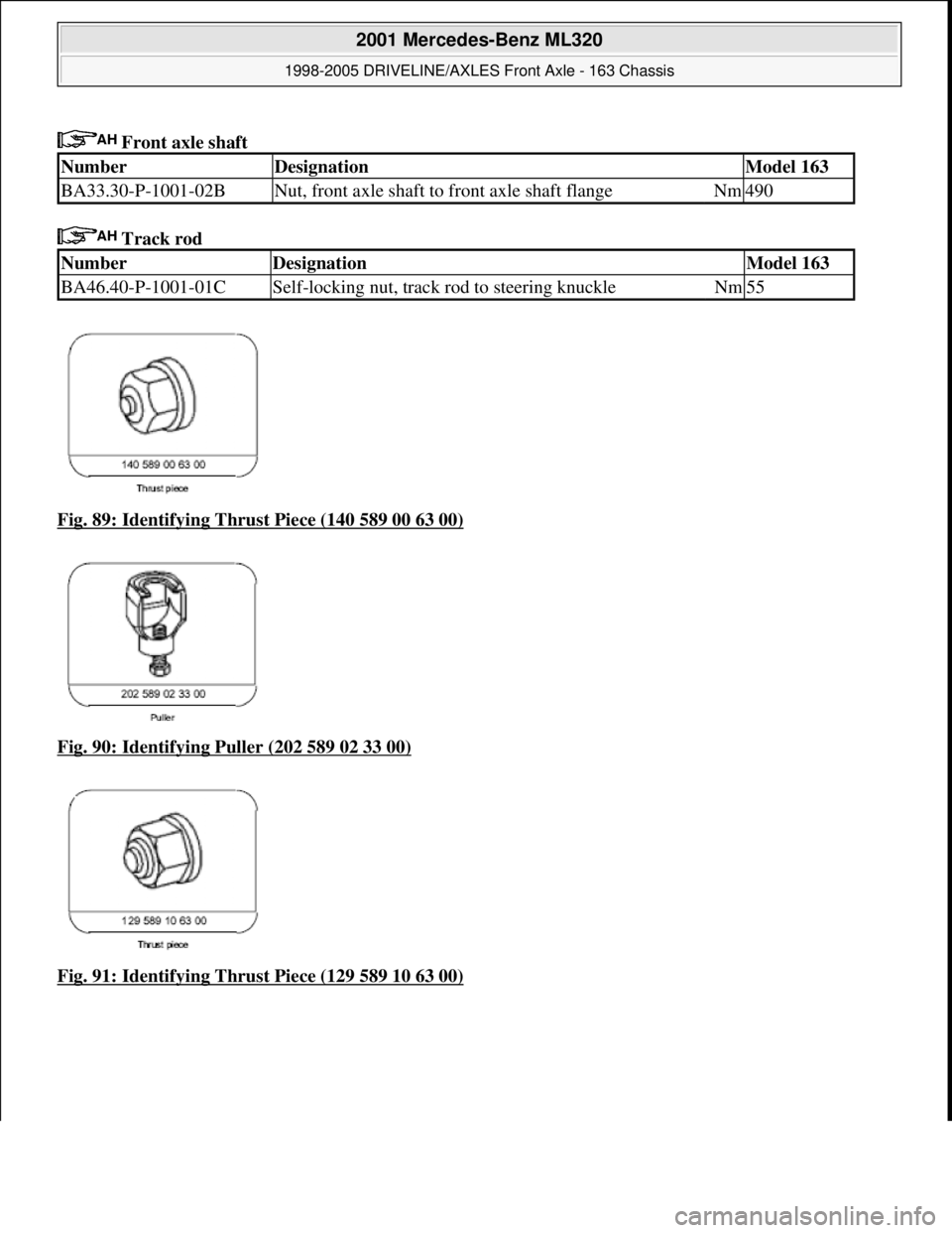MERCEDES-BENZ ML320 1997  Complete Repair Manual  Front axle shaft   
 Track rod    
Fig. 89: Identifying Thrust Piece (140 589 00 63 00)
  
Fig. 90: Identifying Puller (202 589 02 33 00)
  
Fig. 91: Identifying Thrust Piece (129 589 10 63 00)
Numbe