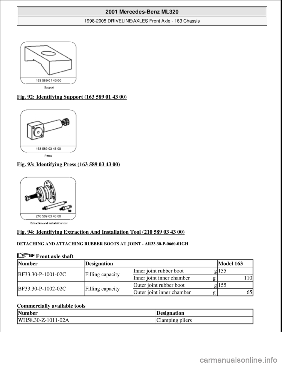 MERCEDES-BENZ ML320 1997  Complete Repair Manual Fig. 92: Identifying Support (163 589 01 43 00)  
Fig. 93: Identifying Press (163 589 03 43 00)
 
Fig. 94: Identifying Extraction A  nd Installation Tool (210 589 03 43 00)
 
DETACHING AND ATTACHING R