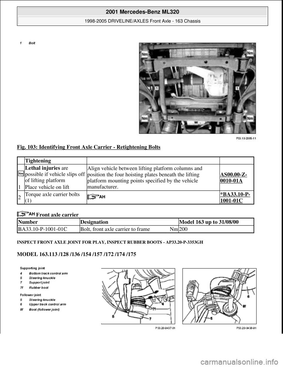 MERCEDES-BENZ ML320 1997  Complete Repair Manual Fig. 103: Identifying Front Axle Carrier - Retightening Bolts 
 Front axle carrier 
INSPECT FRONT AXLE JOINT FOR PLAY, INSPECT RUBBER BOOTS - AP33.20-P-3353GH 
MODEL 163.113 /128 /136 /154 /157 /172 /