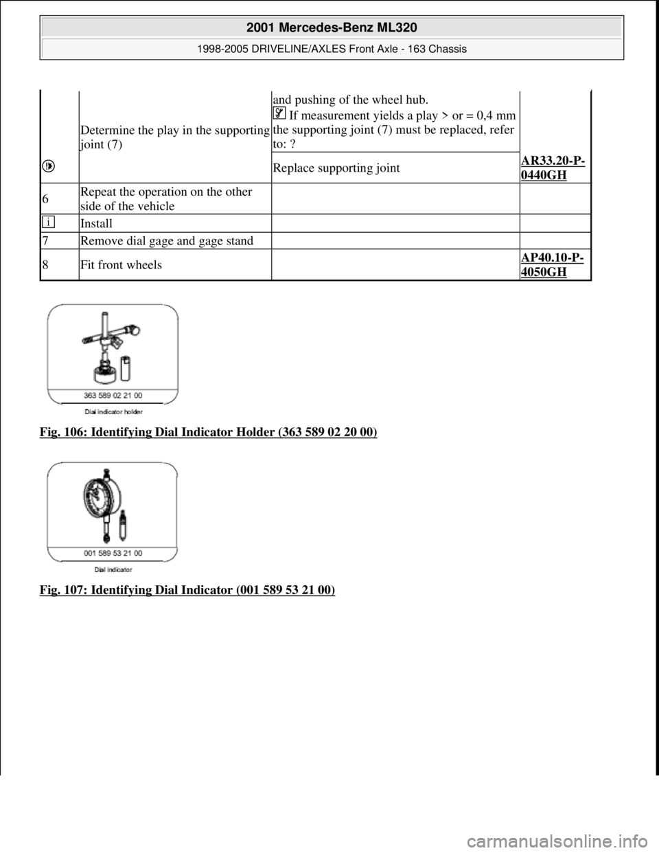 MERCEDES-BENZ ML320 1997  Complete Repair Manual Fig. 106: Identifying Dial Indicator Holder (363 589 02 20 00)  
Fig. 107: Identifying Dial Indicator (001 589 53 21 00)
Determine the play in the supporting 
joint (7)
and pushing of the wheel hub.  