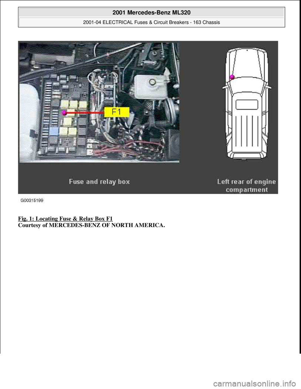 MERCEDES-BENZ ML320 1997  Complete Repair Manual Fig. 1: Locating Fuse & Relay Box F1 
Courtesy of MERCEDES-BENZ OF NORTH AMERICA.
 
2001 Mercedes-Benz ML320 
2001-04 ELECTRICAL Fuses & Circuit Breakers - 163 Chassis  
me  
Saturday, October 02, 201