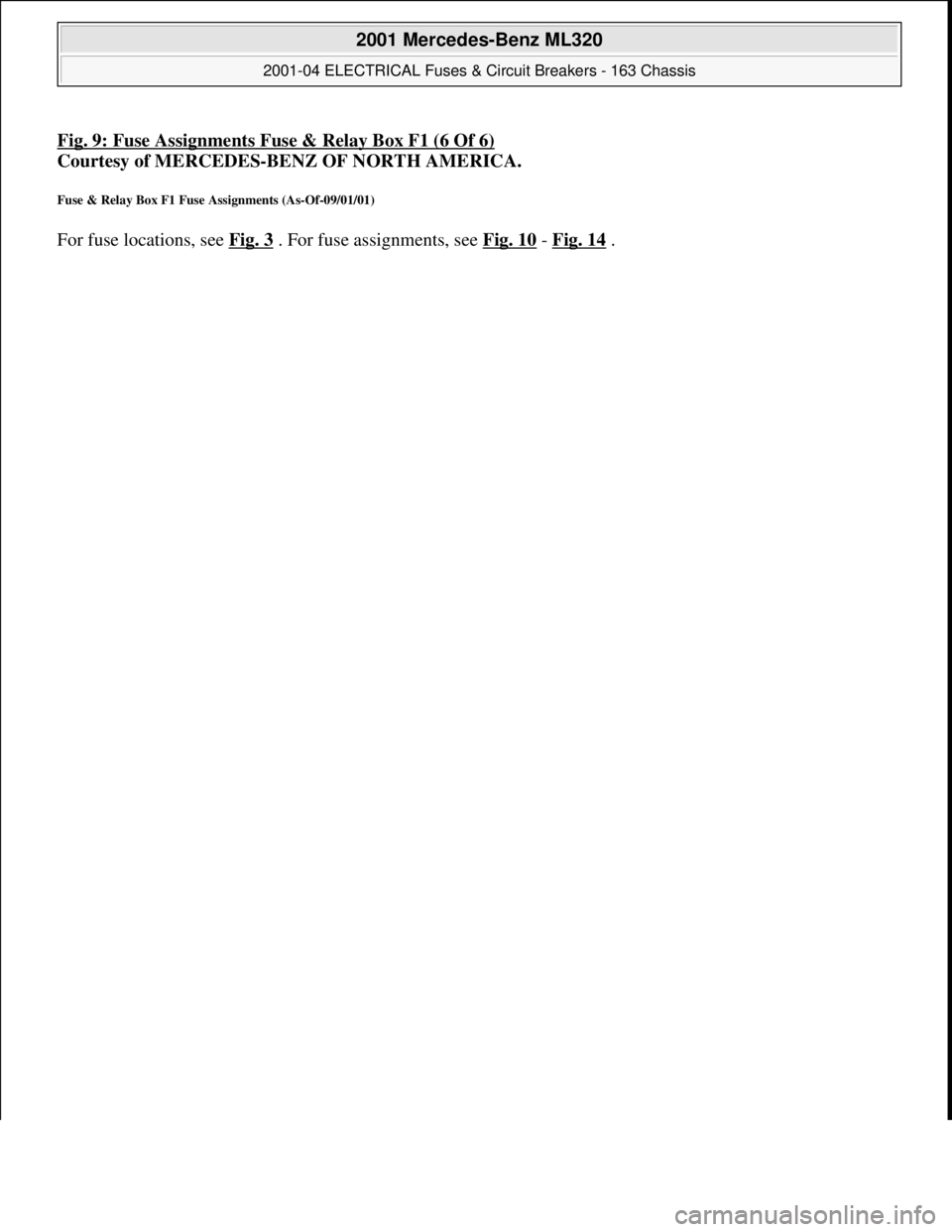 MERCEDES-BENZ ML320 1997  Complete Repair Manual Fig. 9: Fuse Assignments Fuse & Relay Box F1 (6 Of 6)
Courtesy of MERCEDES-BENZ OF NORTH AMERICA. 
Fuse & Relay Box F1 Fuse Assignments (As-Of-09/01/01) 
For fuse locations, see Fig. 3 . For fuse assi