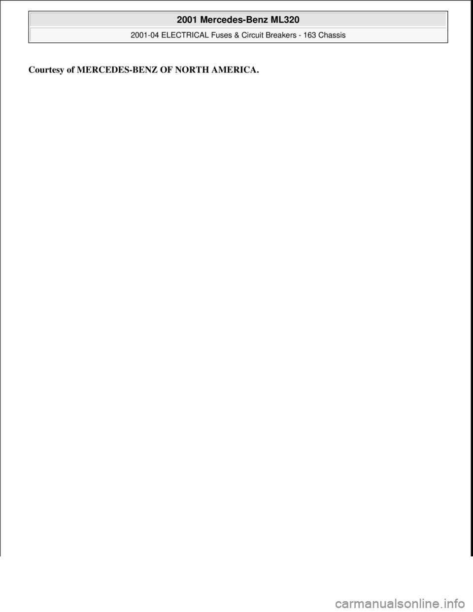 MERCEDES-BENZ ML320 1997  Complete Repair Manual Courtesy of MERCEDES-BENZ OF NORTH AMERICA.
 
2001 Mercedes-Benz ML320 
2001-04 ELECTRICAL Fuses & Circuit Breakers - 163 Chassis  
me  
Saturday, October 02, 2010 3:22:06 PMPage 25 © 2006 Mitchell R