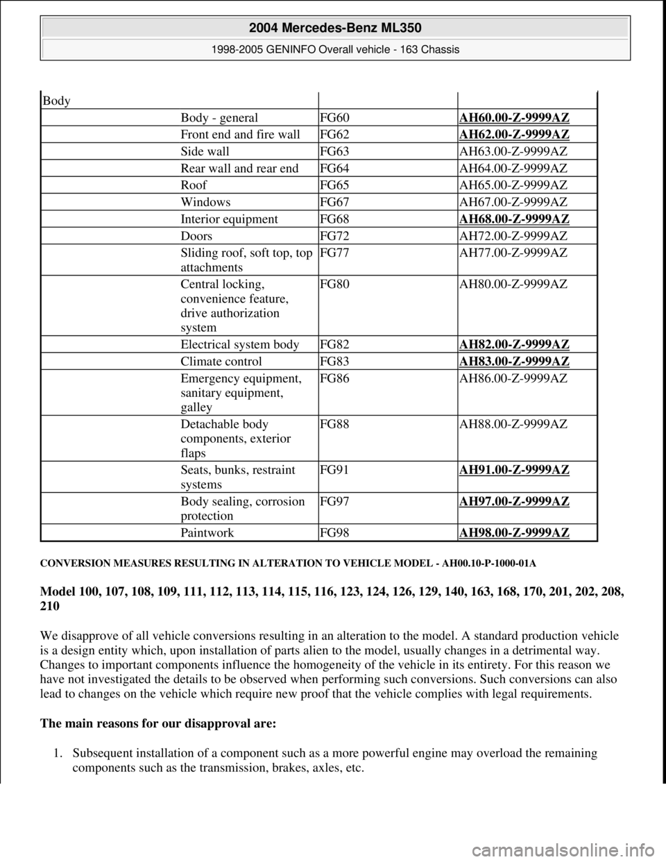 MERCEDES-BENZ ML320 1997 Complete Repair Manual CONVERSION MEASURES RESULTING IN ALTERATION TO VEHICLE MODEL - AH00.10-P-1000-01A
Model 100, 107, 108, 109, 111, 112, 113, 114, 115, 116, 123, 124, 126, 129, 140, 163, 168, 170, 201, 202, 208,
210 MERCEDES-BENZ ML320 1997 Complete Repair Manual CONVERSION MEASURES RESULTING IN ALTERATION TO VEHICLE MODEL - AH00.10-P-1000-01A
Model 100, 107, 108, 109, 111, 112, 113, 114, 115, 116, 123, 124, 126, 129, 140, 163, 168, 170, 201, 202, 208,
210