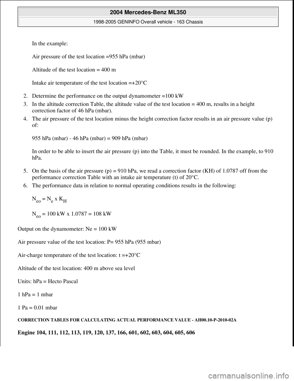 MERCEDES-BENZ ML320 1997 Complete Repair Manual In the example:
Air pressure of the test location =955 hPa (mbar)
Altitude of the test location = 400 m
Intake air temperature of the test location =+20°C
2. Determine the performance on the outp MERCEDES-BENZ ML320 1997 Complete Repair Manual In the example:
Air pressure of the test location =955 hPa (mbar)
Altitude of the test location = 400 m
Intake air temperature of the test location =+20°C
2. Determine the performance on the outp