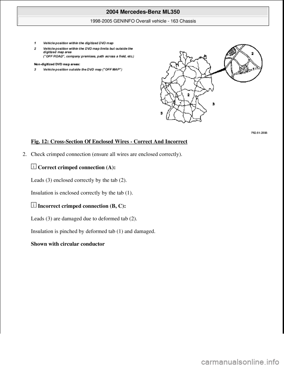 MERCEDES-BENZ ML320 1997  Complete Repair Manual Fig. 12: Cross-Section Of Enclosed Wires - Correct And Incorrect 
2. Check crimped connection (ensure all wires are enclosed correctly). 
 Correct crimped connection (A):  
Leads (3) enclosed correctl