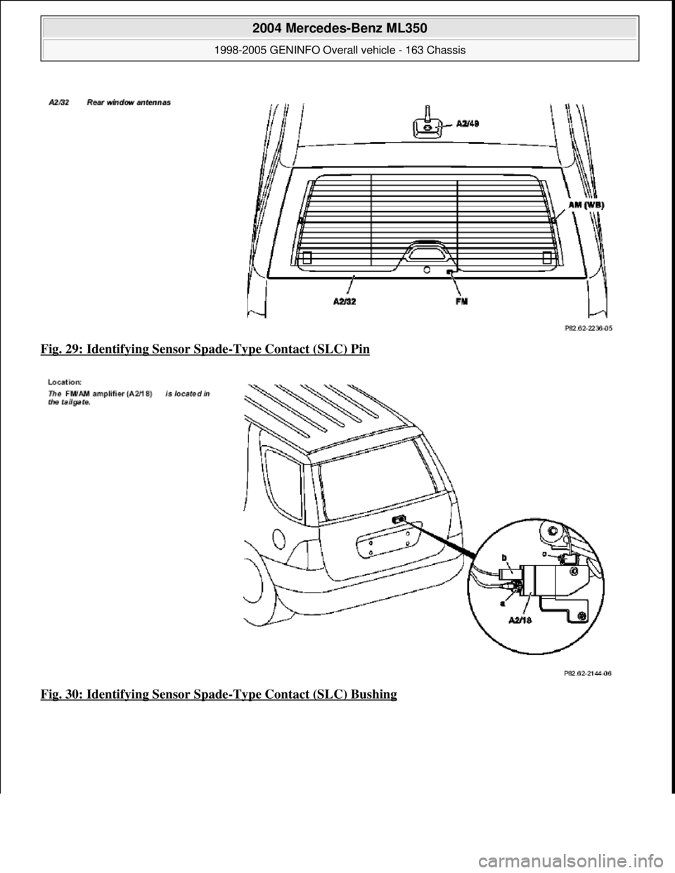 MERCEDES-BENZ ML320 1997  Complete Repair Manual Fig. 29: Identifying Sensor Spade-Type Contact (SLC) Pin  
Fig. 30: Identifying Sensor Spade
-Type Contact (SLC) Bushing
 
2004 Mercedes-Benz ML350 
1998-2005 GENINFO Overall vehicle - 163 Chassis  
m