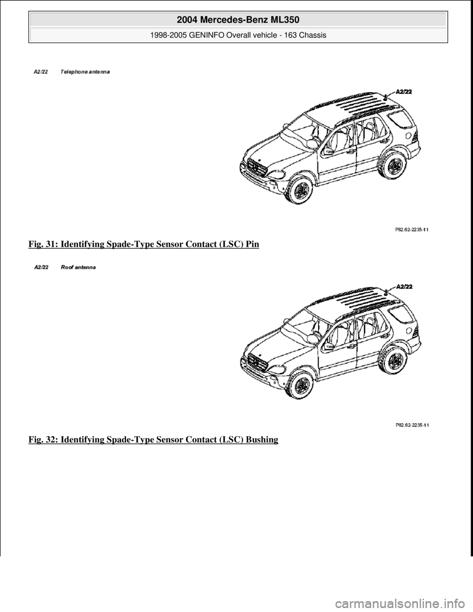 MERCEDES-BENZ ML320 1997  Complete Repair Manual Fig. 31: Identifying Spade-Type Sensor Contact (LSC) Pin  
Fig. 32: Identifying Spade
-Type Sensor Contact (LSC) Bushing
 
2004 Mercedes-Benz ML350 
1998-2005 GENINFO Overall vehicle - 163 Chassis  
m