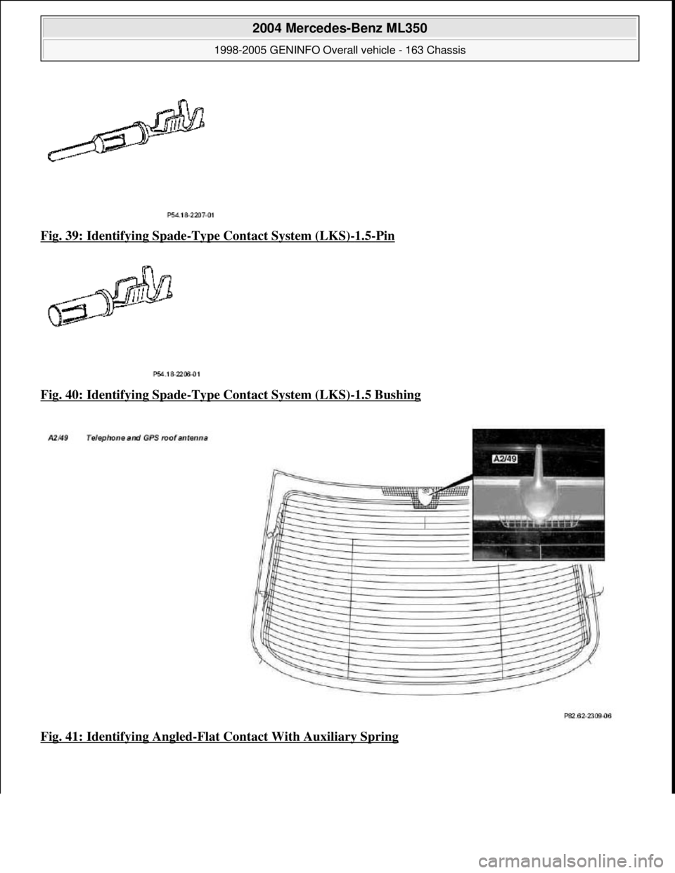 MERCEDES-BENZ ML320 1997  Complete Repair Manual Fig. 39: Identifying Spade-Type Contact System (LKS)-1.5-Pin  
Fig. 40: Identifying Spade
-Type Contact System (LKS)-1.5 Bushing  
Fig. 41: Identifying Angled
-Flat Contact With Auxiliary Spring
 
200