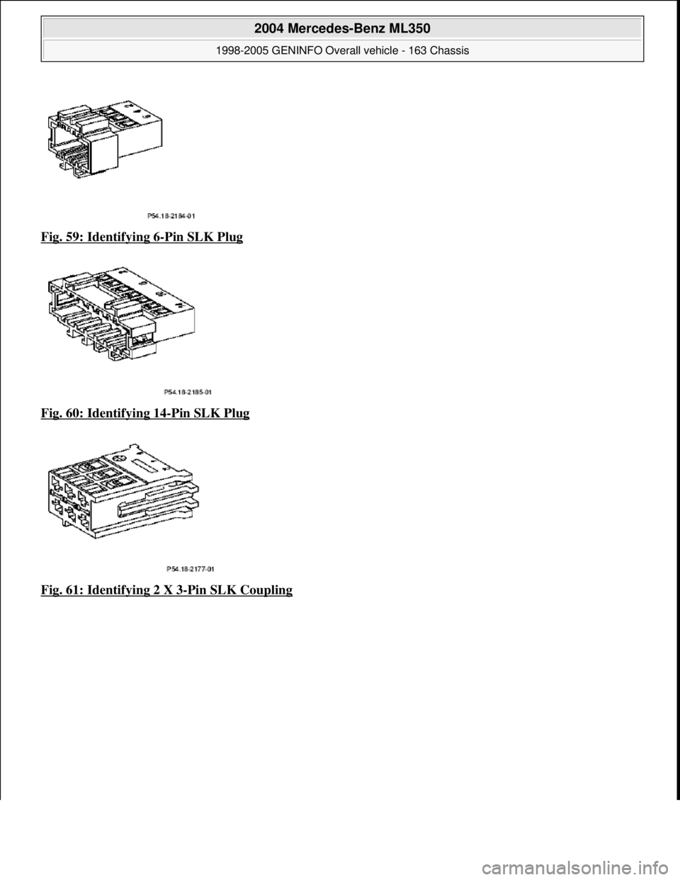 MERCEDES-BENZ ML320 1997  Complete Repair Manual Fig. 59: Identifying 6-Pin SLK Plug  
Fig. 60: Identifying 14
-Pin SLK Plug  
Fig. 61: Identifying 2 X 3
-Pin SLK Coupling
 
2004 Mercedes-Benz ML350 
1998-2005 GENINFO Overall vehicle - 163 Chassis  