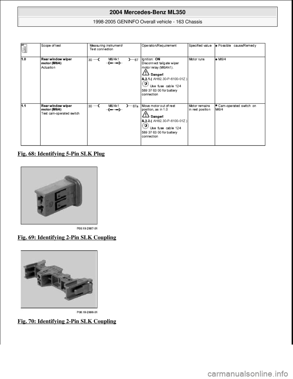 MERCEDES-BENZ ML320 1997  Complete Repair Manual Fig. 68: Identifying 5-Pin SLK Plug  
Fig. 69: Identifying 2
-Pin SLK Coupling 
Fig. 70: Identifying 2
-Pin SLK Coupling 
 
2004 Mercedes-Benz ML350 
1998-2005 GENINFO Overall vehicle - 163 Chassis  
