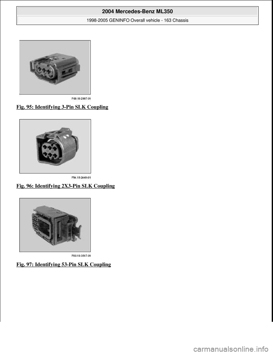 MERCEDES-BENZ ML320 1997  Complete Repair Manual Fig. 95: Identifying 3-Pin SLK Coupling  
Fig. 96: Identifying 2X3
-Pin SLK Coupling  
Fig. 97: Identifying 53
-Pin SLK Coupling
 
2004 Mercedes-Benz ML350 
1998-2005 GENINFO Overall vehicle - 163 Cha