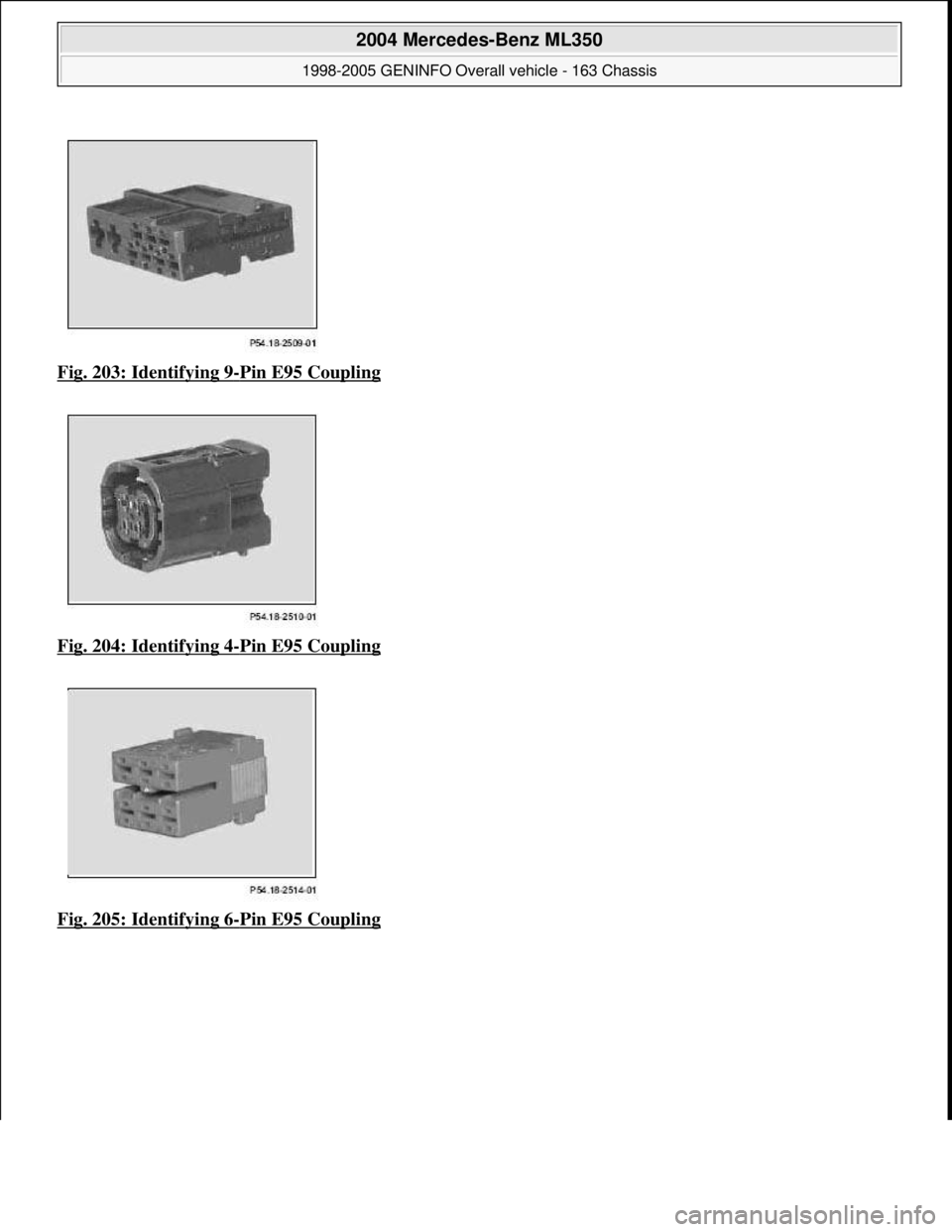 MERCEDES-BENZ ML320 1997  Complete Repair Manual Fig. 203: Identifying 9-Pin E95 Coupling  
Fig. 204: Identifying 4
-Pin E95 Coupling  
Fig. 205: Identifying 6
-Pin E95 Coupling 
 
2004 Mercedes-Benz ML350 
1998-2005 GENINFO Overall vehicle - 163 Ch