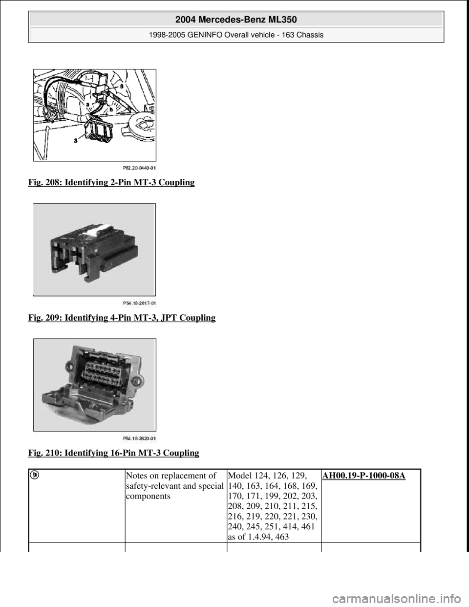 MERCEDES-BENZ ML320 1997  Complete Repair Manual Fig. 208: Identifying 2-Pin MT-3 Coupling  
Fig. 209: Identifying 4
-Pin MT-3, JPT Coupling 
Fig. 210: Identifying 16
-Pin MT-3 Coupling 
 Notes on replacement of  
safety-relevant and special  
compo