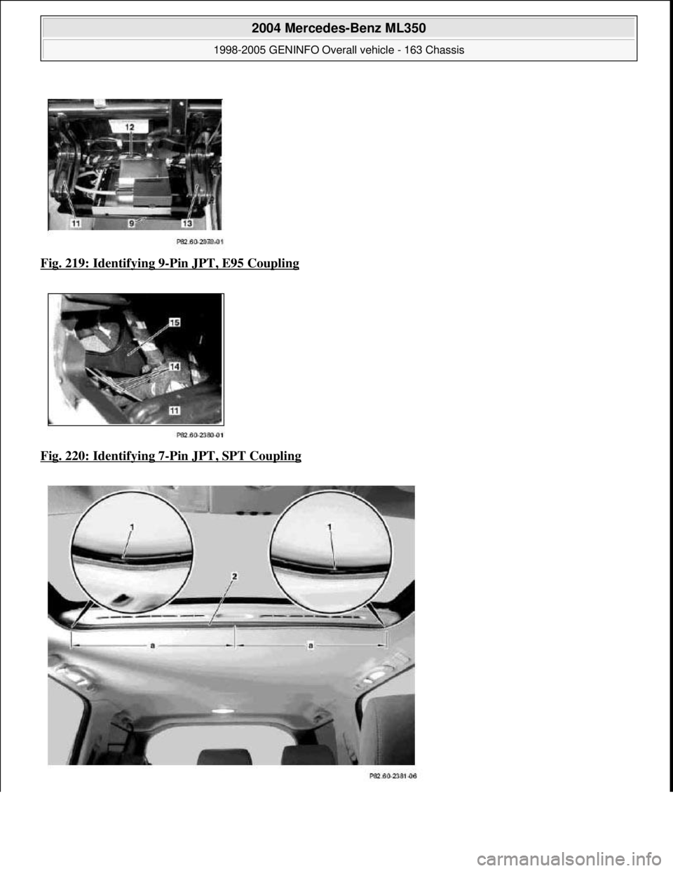MERCEDES-BENZ ML320 1997  Complete Repair Manual Fig. 219: Identifying 9-Pin JPT, E95 Coupling  
Fig. 220: Identifying 7
-Pin JPT, SPT Coupling 
 
2004 Mercedes-Benz ML350 
1998-2005 GENINFO Overall vehicle - 163 Chassis  
me  
Saturday, October 02,