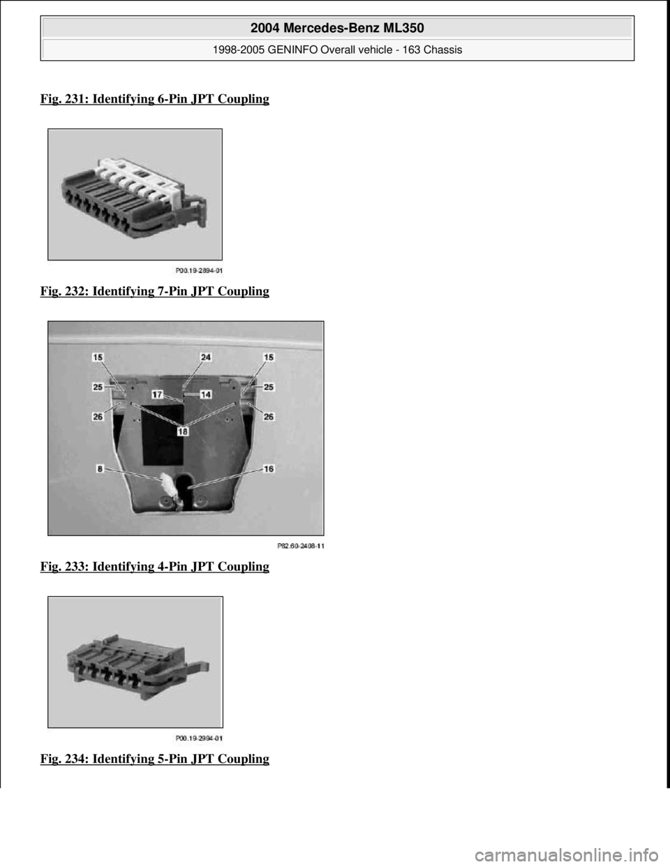 MERCEDES-BENZ ML320 1997  Complete Repair Manual Fig. 231: Identifying 6-Pin JPT Coupling
Fig. 232: Identifying 7-Pin JPT Coupling  
Fig. 233: Identifying 4
-Pin JPT Coupling  
Fig. 234: Identifying 5
-Pin JPT Coupling
 
2004 Mercedes-Benz ML350 
19