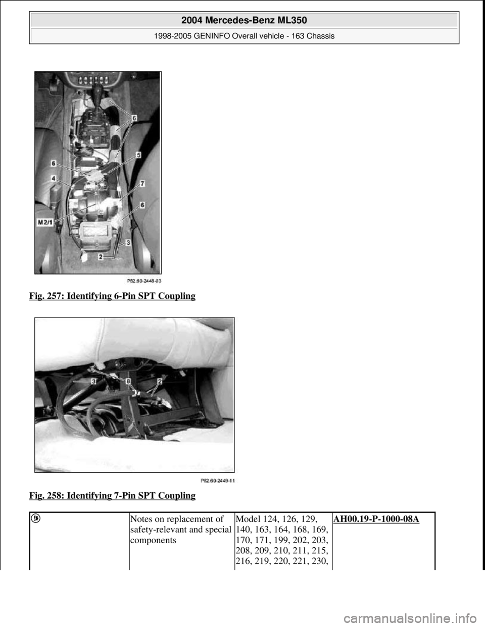 MERCEDES-BENZ ML320 1997  Complete Repair Manual Fig. 257: Identifying 6-Pin SPT Coupling  
Fig. 258: Identifying 7
-Pin SPT Coupling 
 Notes on replacement of  
safety-relevant and special  
componentsModel 124, 126, 129,  
140, 163, 164, 168, 169,