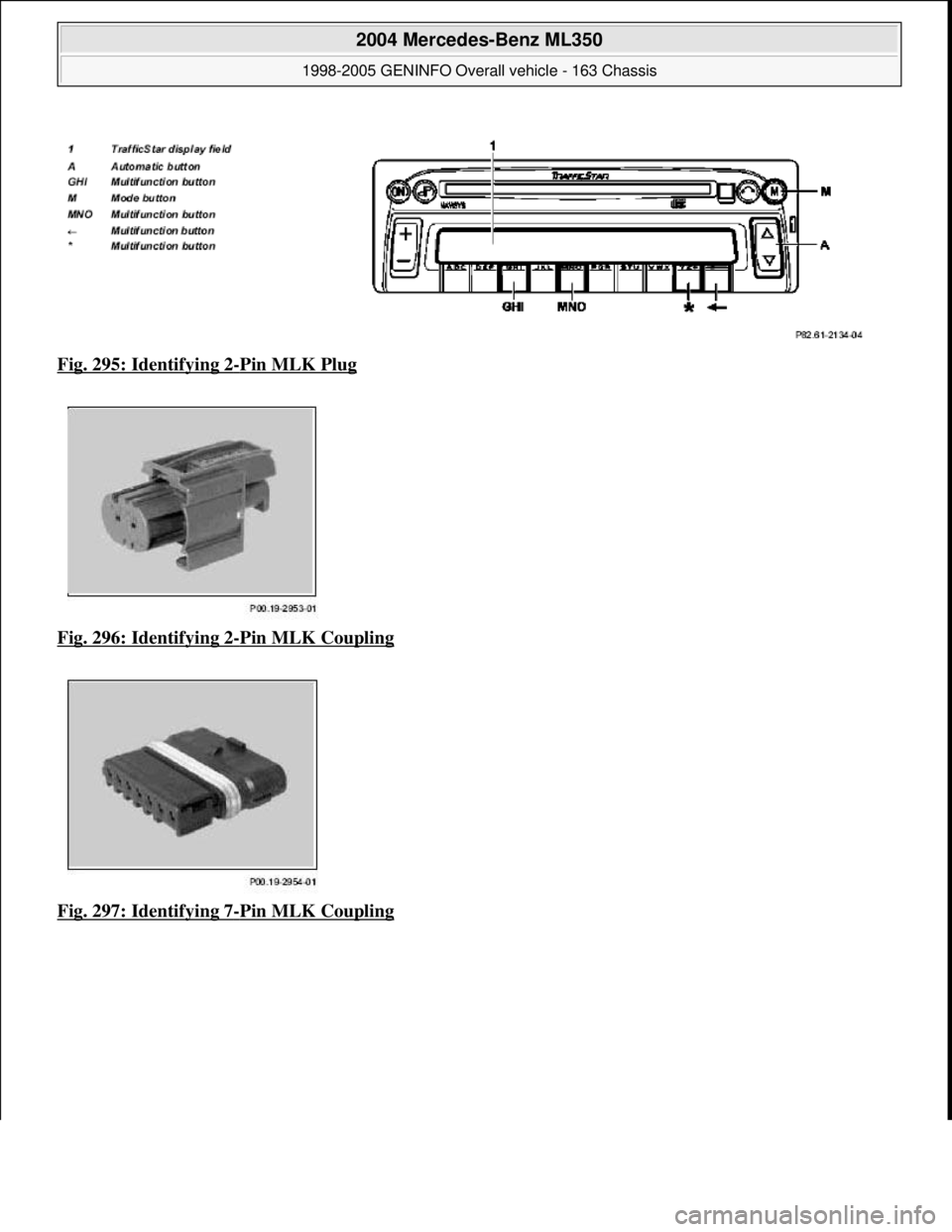 MERCEDES-BENZ ML320 1997  Complete Repair Manual Fig. 295: Identifying 2-Pin MLK Plug  
Fig. 296: Identifying 2
-Pin MLK Coupling  
Fig. 297: Identifying 7
-Pin MLK Coupling
 
2004 Mercedes-Benz ML350 
1998-2005 GENINFO Overall vehicle - 163 Chassis