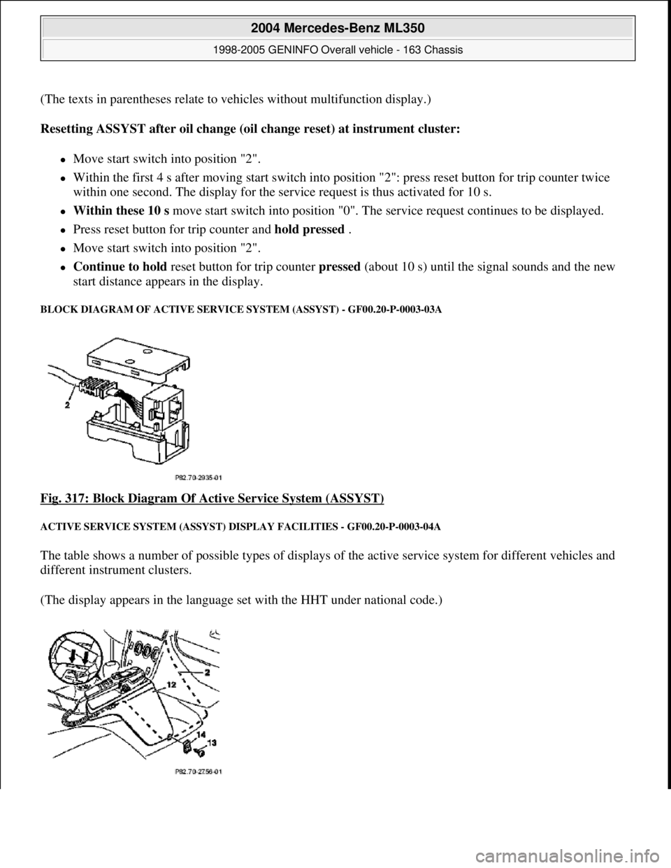 MERCEDES-BENZ ML320 1997 Complete Repair Manual (The texts in parentheses relate to vehicles without multifunction display.)
Resetting ASSYST after oil change (oil change reset) at instrument cluster:
Move start switch into position "2". MERCEDES-BENZ ML320 1997 Complete Repair Manual (The texts in parentheses relate to vehicles without multifunction display.)
Resetting ASSYST after oil change (oil change reset) at instrument cluster:
Move start switch into position "2".