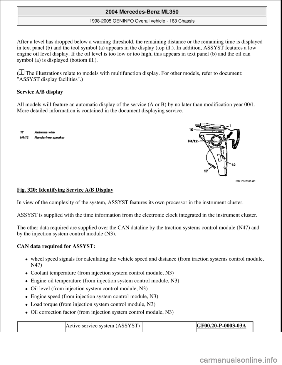 MERCEDES-BENZ ML320 1997 Complete Repair Manual After a level has dropped below a warning threshold, the remaining distance or the remaining time is displayed
in text panel (b) and the tool symbol (a) appears in the display (top ill.). In addition MERCEDES-BENZ ML320 1997 Complete Repair Manual After a level has dropped below a warning threshold, the remaining distance or the remaining time is displayed
in text panel (b) and the tool symbol (a) appears in the display (top ill.). In addition
