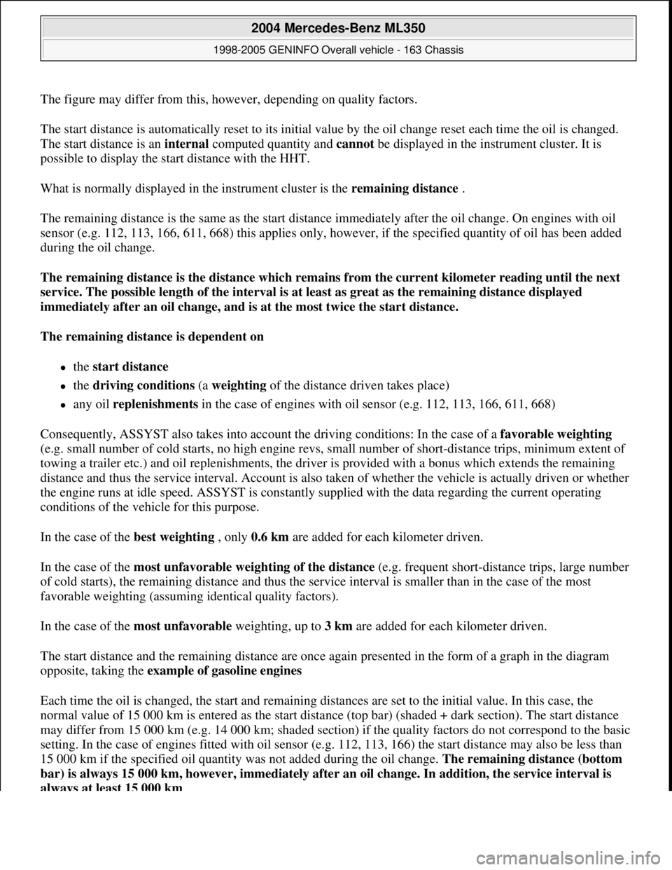 MERCEDES-BENZ ML320 1997 Complete Repair Manual The figure may differ from this, however, depending on quality factors.
The start distance is automatically reset to its initial value by the oil change reset each time the oil is changed.
The start MERCEDES-BENZ ML320 1997 Complete Repair Manual The figure may differ from this, however, depending on quality factors.
The start distance is automatically reset to its initial value by the oil change reset each time the oil is changed.
The start