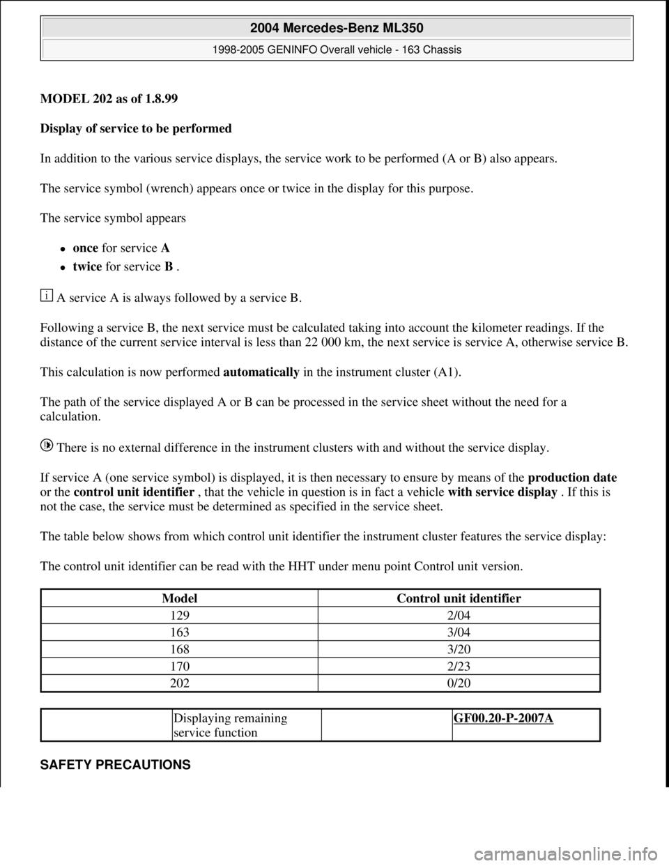 MERCEDES-BENZ ML320 1997 Complete Repair Manual MODEL 202 as of 1.8.99
Display of service to be performed
In addition to the various service displays, the service work to be performed (A or B) also appears.
The service symbol (wrench) appears MERCEDES-BENZ ML320 1997 Complete Repair Manual MODEL 202 as of 1.8.99
Display of service to be performed
In addition to the various service displays, the service work to be performed (A or B) also appears.
The service symbol (wrench) appears