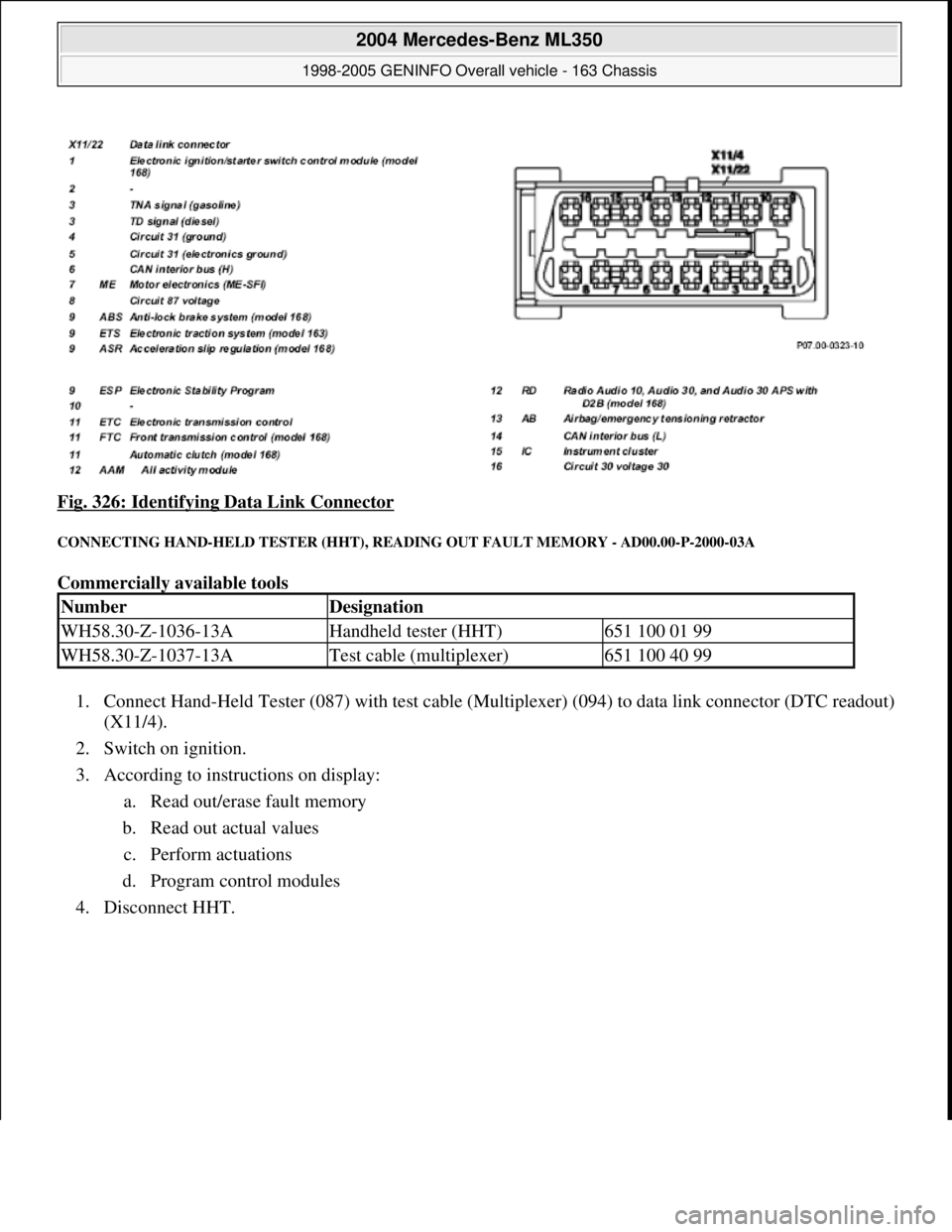 MERCEDES-BENZ ML320 1997  Complete Repair Manual Fig. 326: Identifying Data Link Connector 
CONNECTING HAND-HELD TESTER (HHT), READING OUT FAULT MEMORY - AD00.00-P-2000-03A 
Commercially available tools 
1. Connect Hand-Held Tester (087) with test c