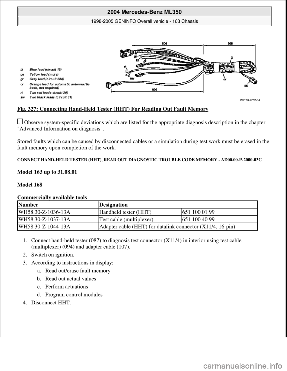 MERCEDES-BENZ ML320 1997 Complete Repair Manual Fig. 327: Connecting Hand-Held Tester (HHT) For Reading Out Fault Memory
Observe system-specific deviations which are listed for the appropriate diagnosis description in the chapter
"Advanced Infor MERCEDES-BENZ ML320 1997 Complete Repair Manual Fig. 327: Connecting Hand-Held Tester (HHT) For Reading Out Fault Memory
Observe system-specific deviations which are listed for the appropriate diagnosis description in the chapter
"Advanced Infor