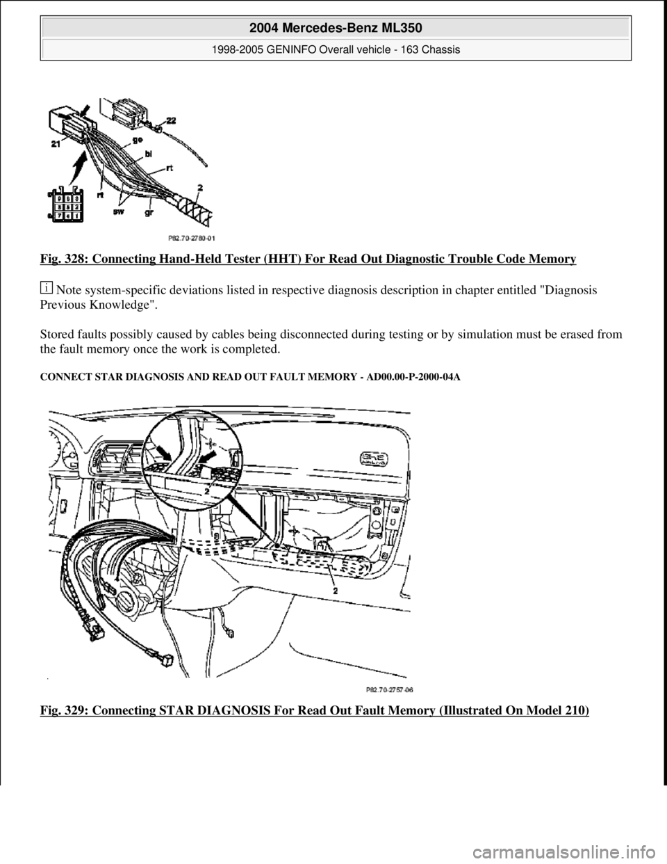 MERCEDES-BENZ ML320 1997  Complete Repair Manual Fig. 328: Connecting Hand-Held Tester (HHT) For Read Out Diagnostic Trouble Code Memory 
 Note system-specific deviations listed in respective diagnosis description in chapter entitled "Diagnosis 
Pre