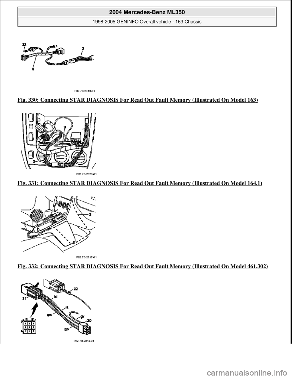 MERCEDES-BENZ ML320 1997  Complete Repair Manual Fig. 330: Connecting STAR DIAGNO SIS For Read Out Fault Memory (Illustrated On Model 163)  
Fig. 331: Connecting STAR DIAGNO  SIS For Read Out Fault Memory (Illustrated On Model 164.1)
  
Fig. 332: Co