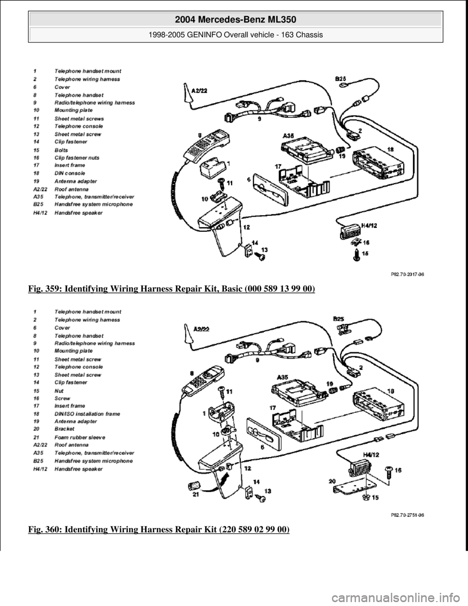 MERCEDES-BENZ ML320 1997  Complete Repair Manual Fig. 359: Identifying Wiring Harness  Repair Kit, Basic (000 589 13 99 00)  
Fig. 360: Identifying Wiring Ha  rness Repair Kit (220 589 02 99 00)
 
2004 Mercedes-Benz ML350 
1998-2005 GENINFO Overall 
