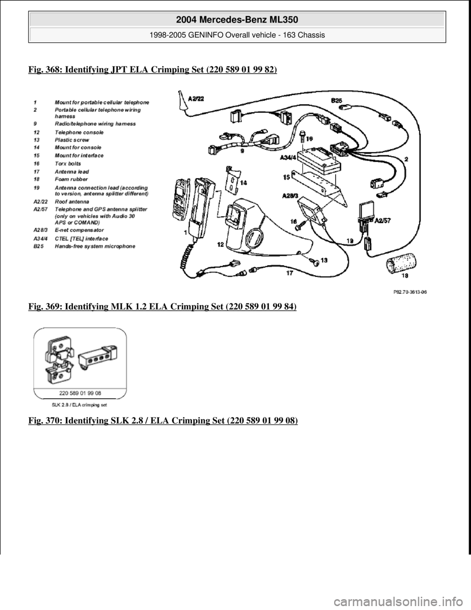 MERCEDES-BENZ ML320 1997  Complete Repair Manual Fig. 368: Identifying JPT ELA Crimping Set (220 589 01 99 82)
Fig. 369: Identifying MLK 1.2 ELA  Crimping Set (220 589 01 99 84)  
Fig. 370: Identifying SLK 2.8 / ELA   Crimping Set (220 589 01 99 08)