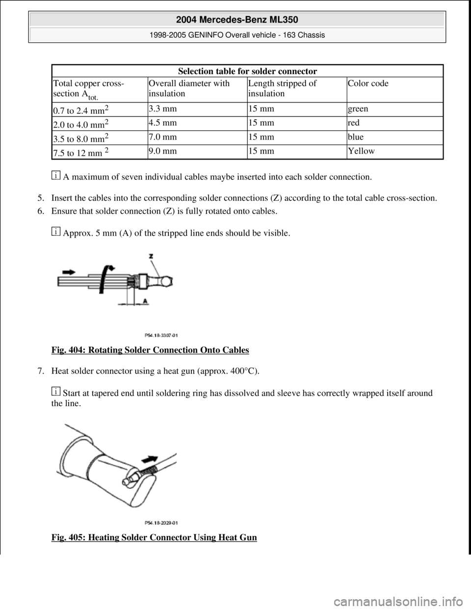 MERCEDES-BENZ ML320 1997  Complete Repair Manual  A maximum of seven individual cables maybe inserted into each solder connection. 
5. Insert the cables into the corresponding solder connections (Z) according to the total cable cross-section.  
6. E