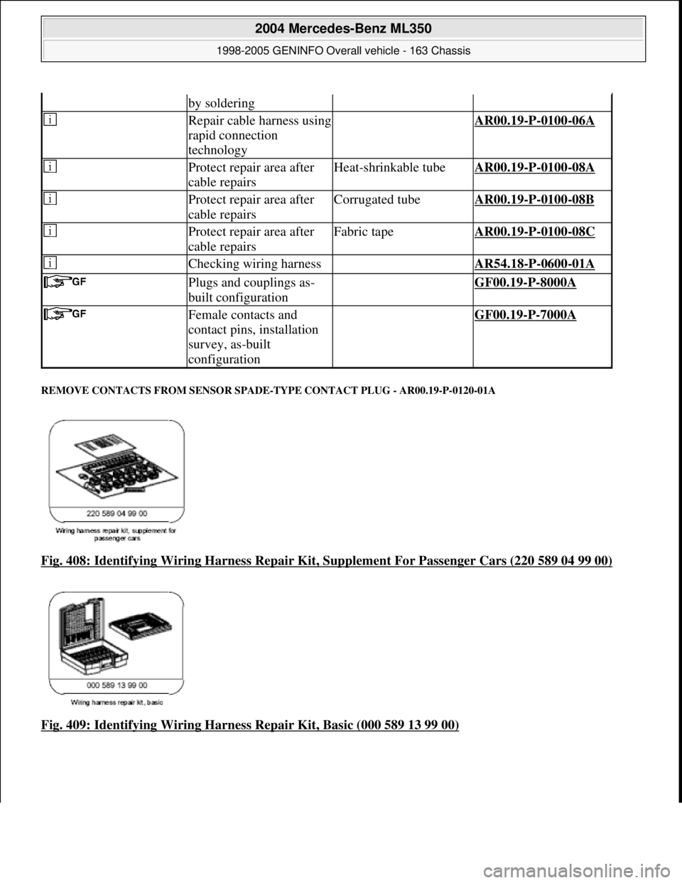 MERCEDES-BENZ ML320 1997  Complete Repair Manual REMOVE CONTACTS FROM SENSOR SPADE- TYPE CONTACT PLUG - AR00.19-P-0120-01A 
Fig. 408: Identifying Wiring Harness Repair Kit, Supplement Fo r Passenger Cars (220 589 04 99 00)  
Fig. 409: Identifying Wi