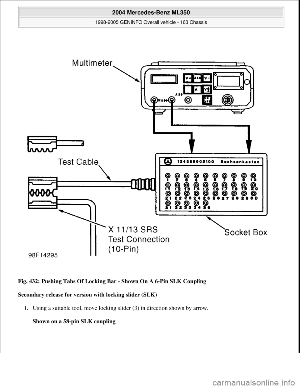 MERCEDES-BENZ ML320 1997  Complete Repair Manual Fig. 432: Pushing Tabs Of Locking Bar - Shown On A 6-Pin SLK Coupling 
Secondary release for version with locking slider (SLK)  
1. Using a suitable tool, move locking slider (3) in direction shown by