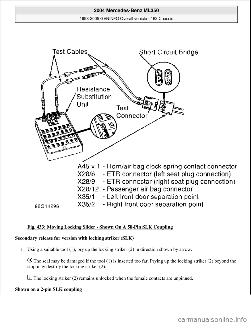 MERCEDES-BENZ ML320 1997  Complete Repair Manual Fig. 433: Moving Locking Slider - Shown On A 58-Pin SLK Coupling 
Secondary release for version with locking striker (SLK)  
1. Using a suitable tool (1), pry up the locking striker (2) in direction s