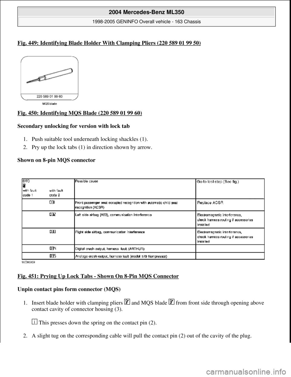 MERCEDES-BENZ ML320 1997  Complete Repair Manual Fig. 449: Identifying Blade Holder With Clamping Pliers (220 589 01 99 50)
Fig. 450: Identifying MQS Blade (220 589 01 99 60)  
Secondary unlocking for version with lock tab     
1. Push suitable tool