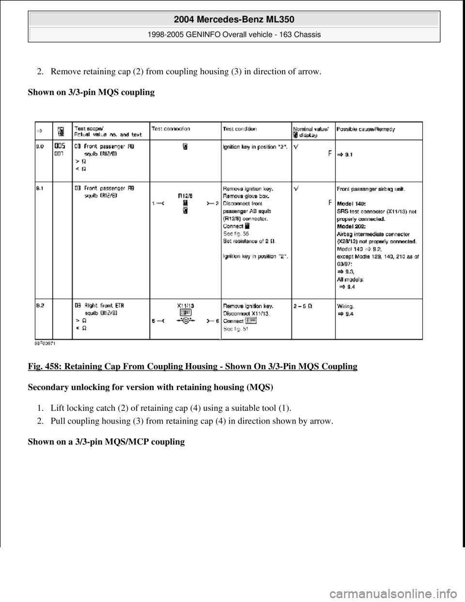 MERCEDES-BENZ ML320 1997  Complete Repair Manual 2. Remove retaining cap (2) from coupli ng housing (3) in direction of arrow.   
Shown on 3/3-pin MQS coupling     
Fig. 458: Retaining Cap From Coupling Housing 
- Shown On 3/3-Pin MQS Coupling  
Sec