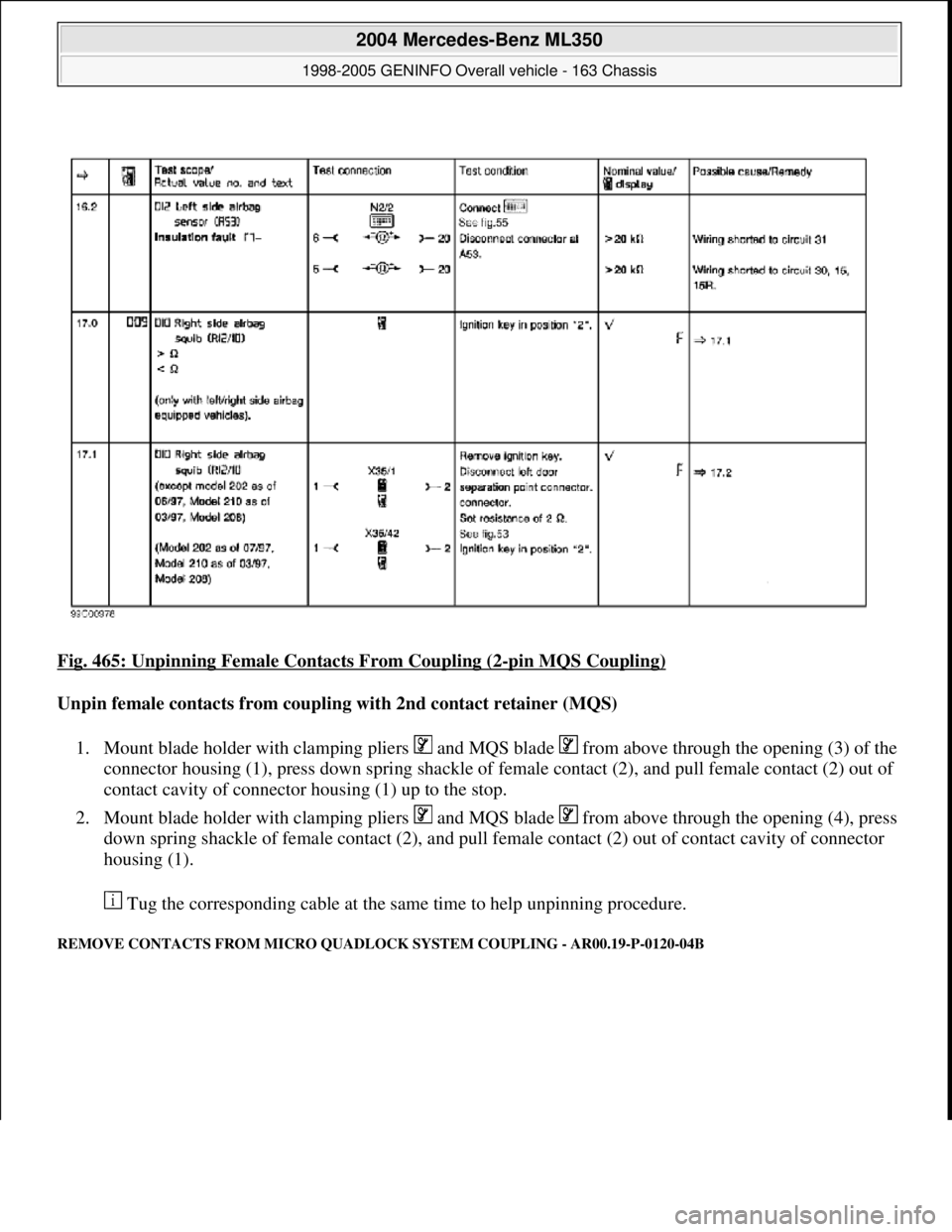 MERCEDES-BENZ ML320 1997  Complete Repair Manual Fig. 465: Unpinning Female  Contacts From Coupling (2-pin MQS Coupling)  
Unpin female contacts from couplin  g with 2nd contact retainer (MQS)   
1. Mount blade holder with clamping   pliers   and MQ